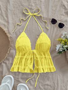 Soleia Women's Solid Color Halter Tie-Up Top Date Summer Top, Only Top, Without Skirt - Pale Yellow - View 5