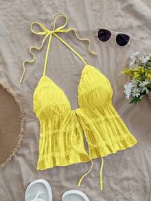 Soleia Women's Solid Color Halter Tie-Up Top Date Summer Top, Only Top, Without Skirt - Pale Yellow - View 4
