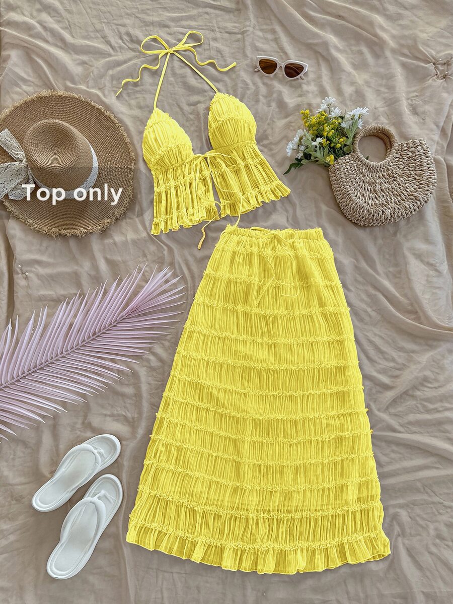 Soleia Women's Solid Color Halter Tie-Up Top Date Summer Top, Only Top, Without Skirt - Pale Yellow - View 1