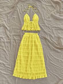 Soleia Women's Solid Color Halter Tie-Up Top Date Summer Top, Only Top, Without Skirt - Pale Yellow - View 2