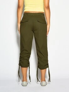 SUMWON Olive Cargo Capri Pants With Ruched Tie Hem Detail Multi Pocket Low Rise Tapered Leg Summer Festival Utility Bottoms - Army Green - View 5