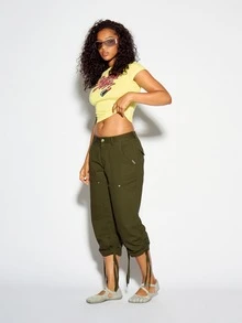 SUMWON Olive Cargo Capri Pants With Ruched Tie Hem Detail Multi Pocket Low Rise Tapered Leg Summer Festival Utility Bottoms - Army Green - View 2