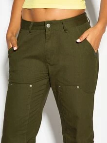 SUMWON Olive Cargo Capri Pants With Ruched Tie Hem Detail Multi Pocket Low Rise Tapered Leg Summer Festival Utility Bottoms - Army Green - View 3