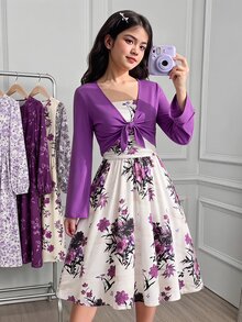SHEIN 青少年女孩紫色花卉細肩帶洋裝兩件套，附針織短外套，開學季，可愛酷女孩，度假假期城市之旅，秋季 - 紫色 - 查看 4