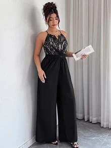 SHEIN Clasi 大尺碼女款春夏拼色蕾絲拼接優雅性感通勤連身褲，適合約會、婚禮賓客、黑色萬聖節 - 黑色 - 查看 5