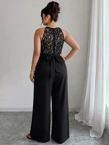 SHEIN Clasi 大尺碼女款春夏拼色蕾絲拼接優雅性感通勤連身褲，適合約會、婚禮賓客、黑色萬聖節 - 黑色 - 查看 6