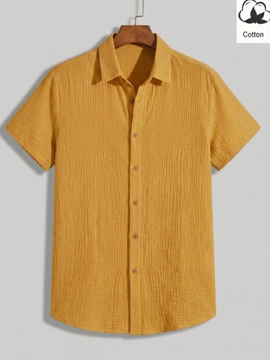 HIMLAND Men's Woven Casual Short Sleeve Shirt - Yellow - View 1