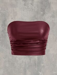 SHEIN EZwear 酒紅色針織女款時尚性感 PU 抹胸上衣 無肩帶皮革管狀褶皺短版人造皮革 萬聖節派對夜店秋季穿搭 - 酒紅色 - 查看 1