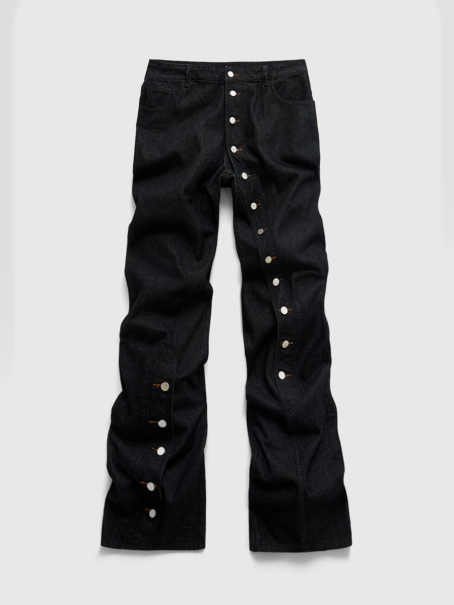 ROMWE MEN Celana Jeans Denim Kasual Pria dengan Desain Kancing dan Saku - Hitam - View 1