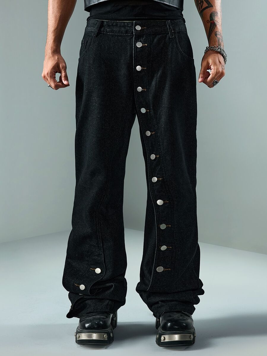 ROMWE MEN Men's Button Design Pocket Casual Denim Jeans - Black - View 1