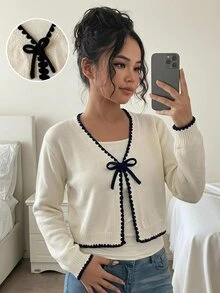 Tween女孩針織杏色與黑色對比蕾絲飾邊休閒秋季開襟衫 - 杏色 - 查看 1