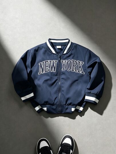 SHEIN Playful Pals Baby Boy Colorblock Striped Ribbed Collar Cartoon Cute 3D Embroidered Long Sleeve Zip-Up Jacket, Spring Autumn Casual College Style Letter Embroidery Jacket