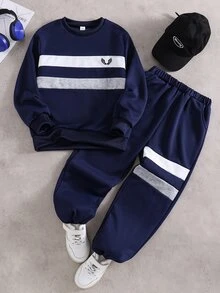 SHEIN 2件組青少年男孩時尚衛衣與長褲套裝，胸前翅膀印花，酷炫街頭風，獨特時尚，柔軟舒適面料，易穿脫，適合春秋季，適用於各種場合，適合上學與外出，熱銷青少年男孩必備兩件套，秋冬/秋季 - 藏蓝色 - 查看 2