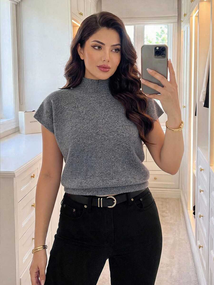 Auveirra Women Plus Light Grey Traditional High Neck Loose Casual Sleeveless Knit Sweater Vest Fall/Winter Spring Summer Going Out Brunch Formal - Dark Grey - View 1
