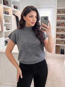 Auveirra Women Plus Light Grey Traditional High Neck Loose Casual Sleeveless Knit Sweater Vest Fall/Winter Spring Summer Going Out Brunch Formal - Dark Grey - View 5