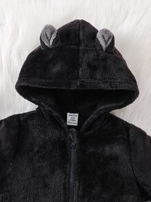 SHEIN 新生兒男嬰女嬰秋冬款可愛休閒日系毛茸茸防焰連帽連腳連身衣 中性童裝 冬季假期派對黑色萬聖節 - 黑色 - 查看 4