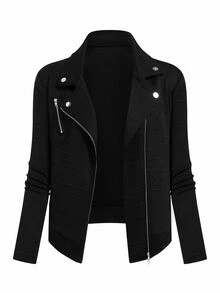 Yalmera Women's Casual Textured Fabric Zip-Up Lapel Motorcycle Jacket Fall Winter Cloth For Women - Black - View 5