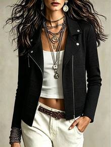 Yalmera Women's Casual Textured Fabric Zip-Up Lapel Motorcycle Jacket Fall Winter Cloth For Women - Black - View 9