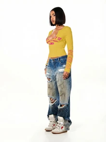 SUMWON WOMEN Long Sleeve Deep V Neck Crop Top With Graphic Print And Logo Details - Yellow - View 3