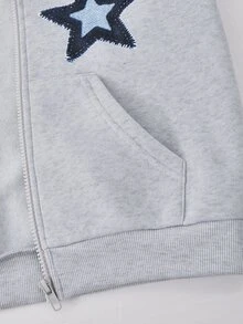 SHEIN Vacaura 大童男孩灰色星星圖案保暖內裡連帽拉鍊運動外套 美式字母印花休閒夾克 寬鬆復古連帽上衣 童裝 - 灰色 - 查看 6