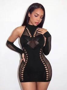 BamGleam Gaun Pendek Seksi Wanita Warna Hitam dengan Desain Berongga dan Sarung Tangan - Hitam - View 7
