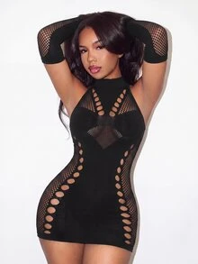 BamGleam Gaun Pendek Seksi Wanita Warna Hitam dengan Desain Berongga dan Sarung Tangan - Hitam - View 5