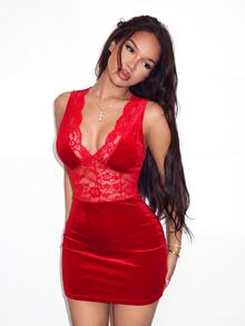 BamGleam Gaun Mini Seksi Renda Warna Polos untuk Wanita - Merah - View 3
