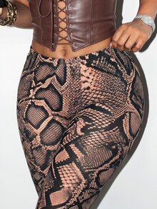 BamGleam Women Vintage Sexy Snake Print Capri Leggings, Summer High Waist Slim Fit Stretch Skinny Cropped Trousers For Night Out Clubbing, Brown Checkered - Multicolor - View 2