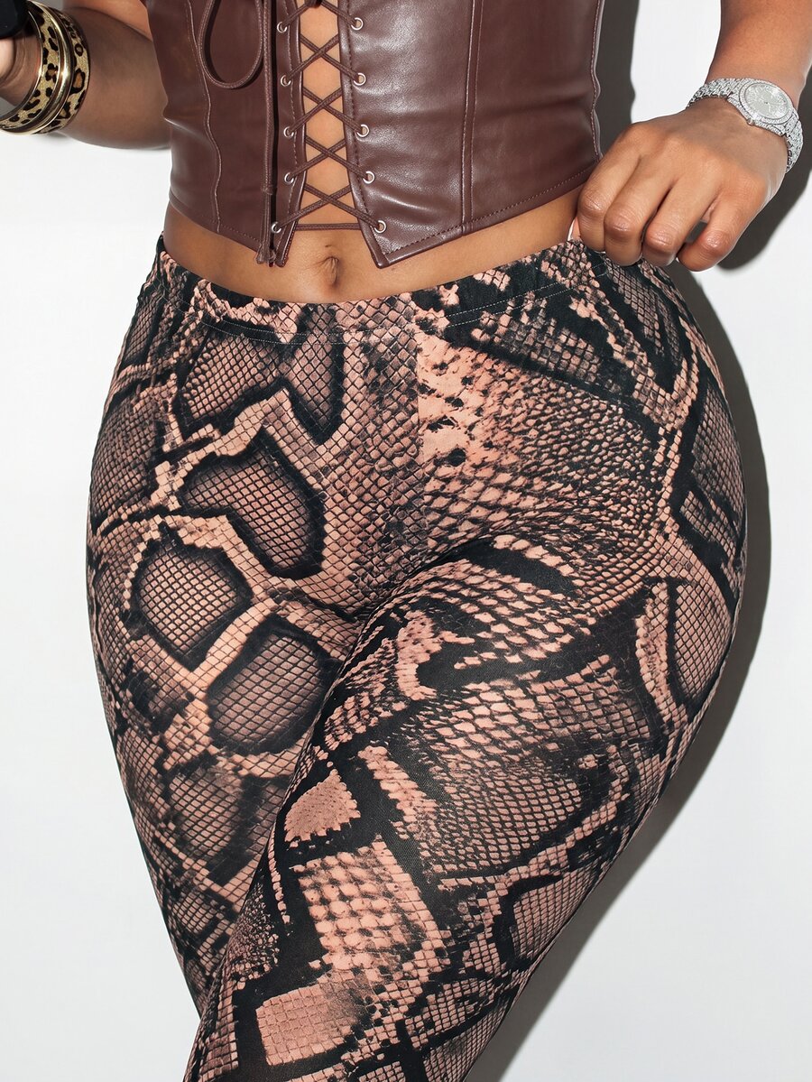 BamGleam Women Vintage Sexy Snake Print Capri Leggings, Summer High Waist Slim Fit Stretch Skinny Cropped Trousers For Night Out Clubbing, Brown Checkered