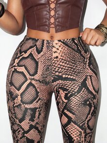 BamGleam Women Vintage Sexy Snake Print Capri Leggings, Summer High Waist Slim Fit Stretch Skinny Cropped Trousers For Night Out Clubbing, Brown Checkered - Multicolor - View 6