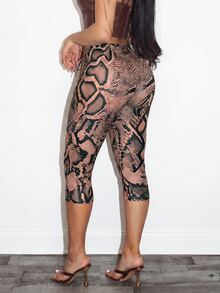 BamGleam Women Vintage Sexy Snake Print Capri Leggings, Summer High Waist Slim Fit Stretch Skinny Cropped Trousers For Night Out Clubbing, Brown Checkered - Multicolor - View 3