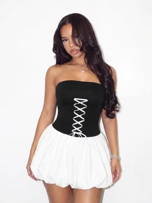 BamGleam Women's Colorblock Strappy Design Fashion Date Party Strapless Dress - Black and White - View 6