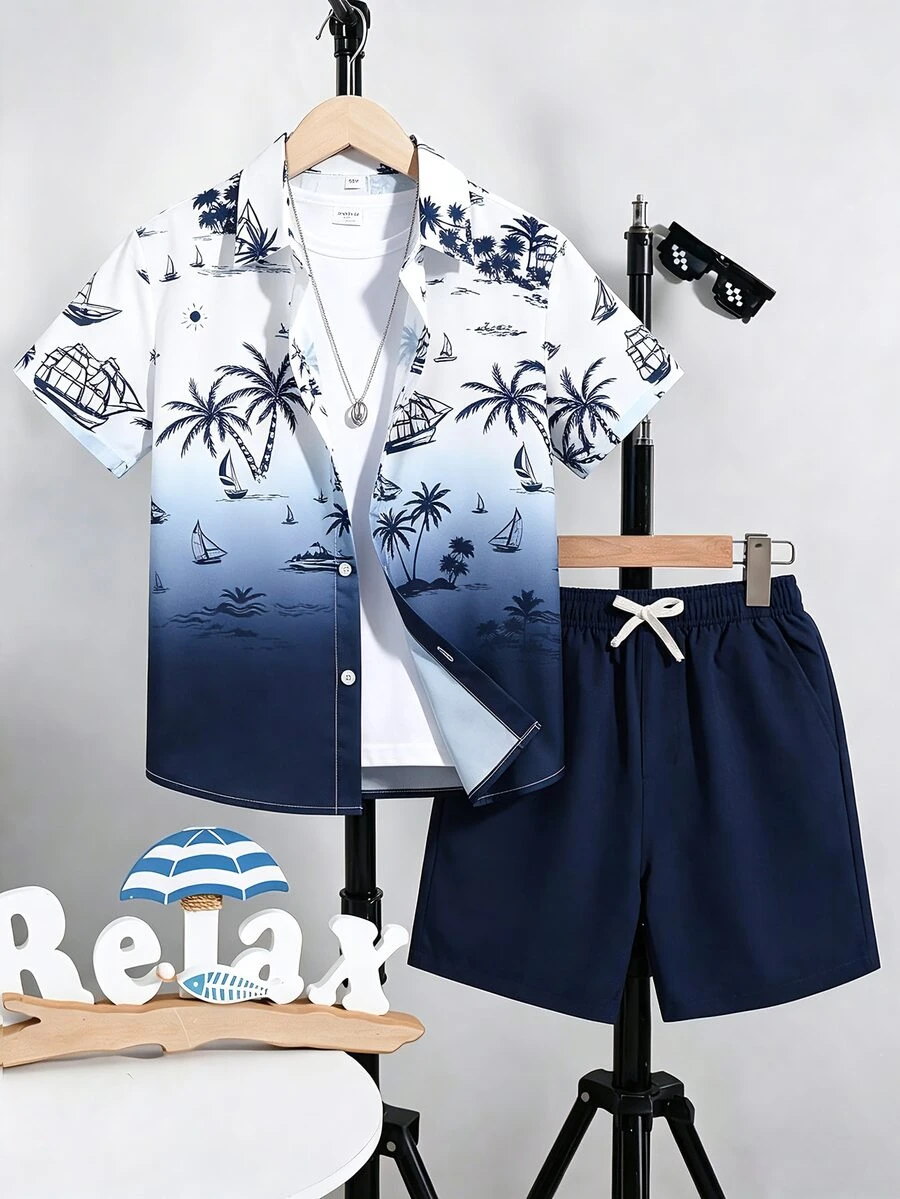 SHEIN 2件組男童襯衫短褲套裝，海灘椰子樹印花藍色漸層翻領短袖休閒襯衫，簡約運動短褲，海邊度假日常休閒，夏季新款