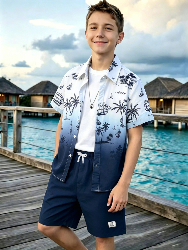 SHEIN 2pcs/Set Boys' Shirt And Shorts, Beach Coconut Tree Print Blue Gradient Lapel Short Sleeve Casual Shirt, Simple Sports Shorts, Seaside Vacation, Daily Casual, Summer New Style - Navy Blue - View 4
