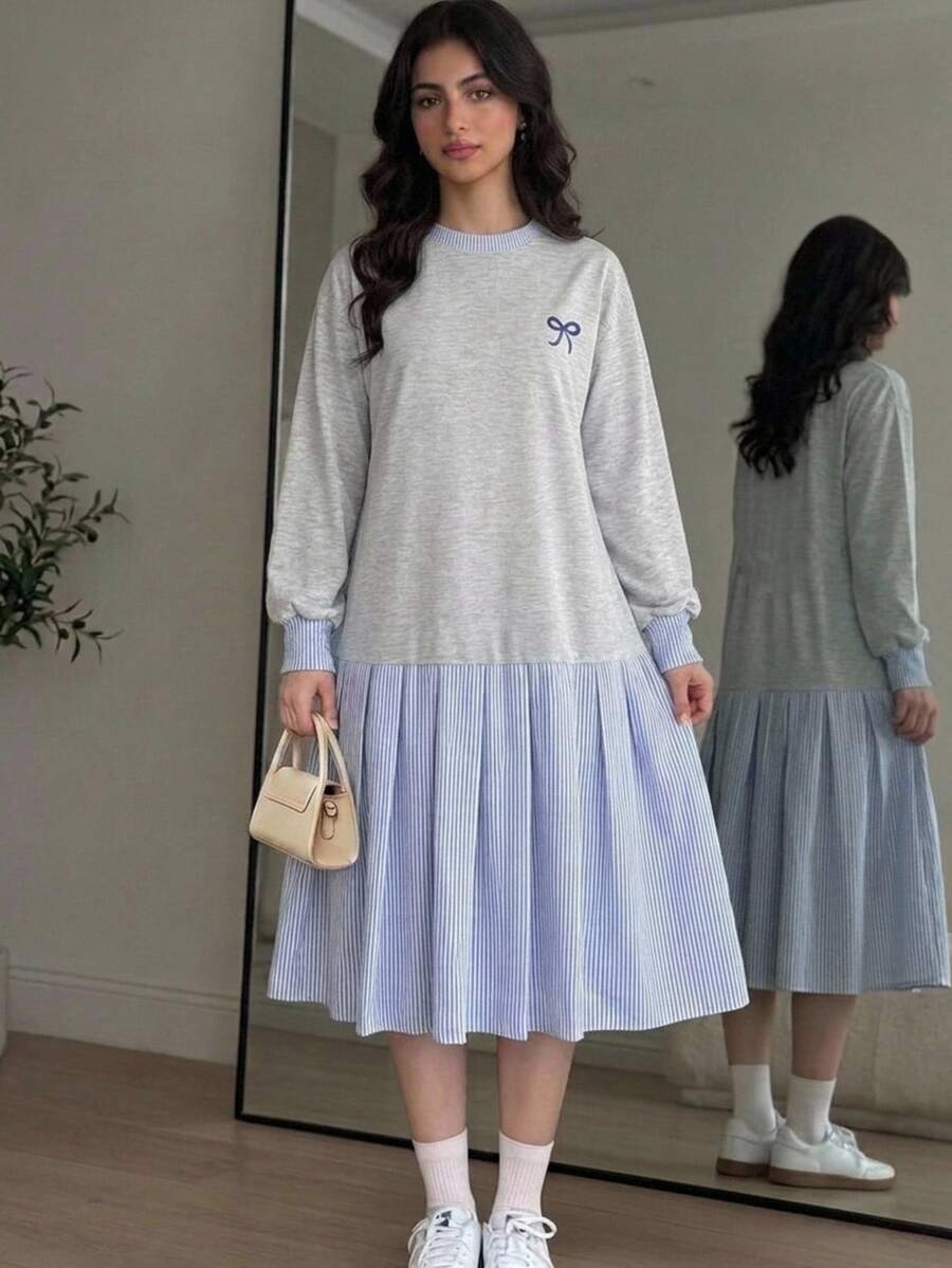 SHEIN Teen Girl Long Sleeve Bow Print Striped Pleated Hem Sweatshirt Dress, Primary School Rave - Grey - View 1