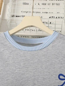 SHEIN Teen Girl Long Sleeve Bow Print Striped Pleated Hem Sweatshirt Dress, Primary School Rave - Grey - View 7