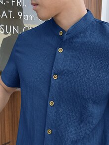 HIMLAND Men's Solid Color Short Sleeve Single-Breasted Woven Casual Shirt - Blue - View 5