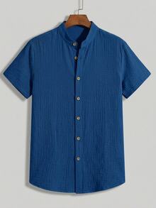 HIMLAND Men's Solid Color Short Sleeve Single-Breasted Woven Casual Shirt - Blue - View 6