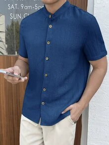 HIMLAND Men's Solid Color Short Sleeve Single-Breasted Woven Casual Shirt - Blue - View 4