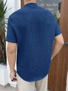 HIMLAND Men's Solid Color Short Sleeve Single-Breasted Woven Casual Shirt - Blue - View 2