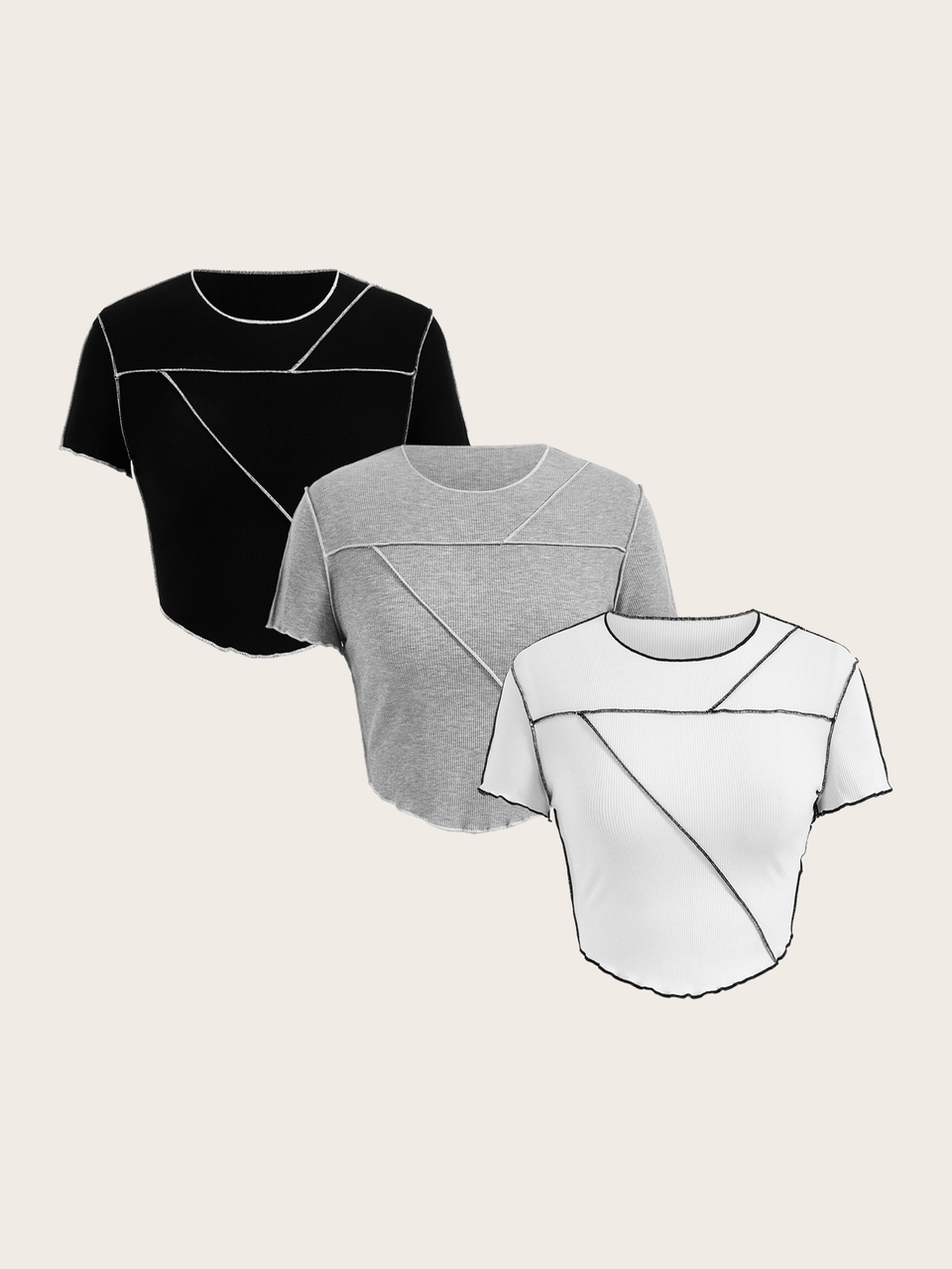 3pcs Summer 3 Color Patchwork Asymmetrical Hem Tight Fit Short Sleeve T-Shirt With Ribbed Edge(Pack Of 3)