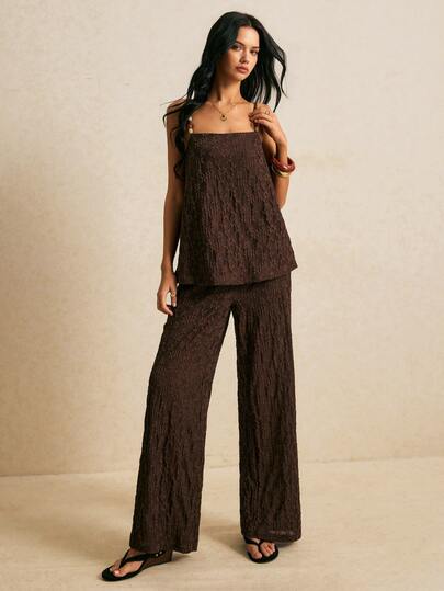 Poéselle Women's Beaded Strap Tank Top And Pants Fashion 2 Pieces Set, Dark Brown Summer Outfit For Vacation European Jamican Sexy Casual Tropical Beach