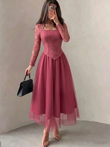 Modelyn Women's French Square Neck Lace Patchwork Sheer Mesh Top & Elegant Elegant Socialite Mesh Maxi Skirt 2-Piece Set - Coral Pink - View 2