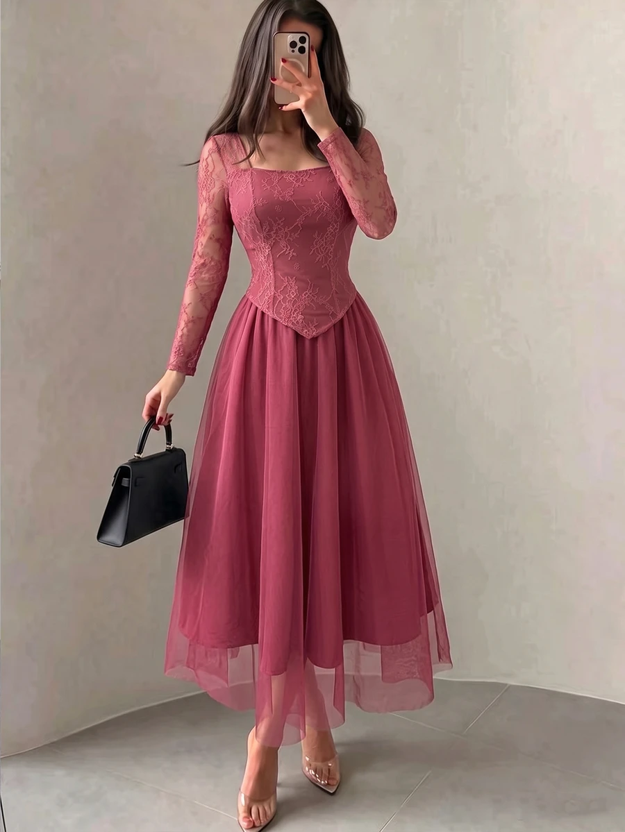 Modelyn Women's French Square Neck Lace Patchwork Sheer Mesh Top & Elegant Elegant Socialite Mesh Maxi Skirt 2-Piece Set
