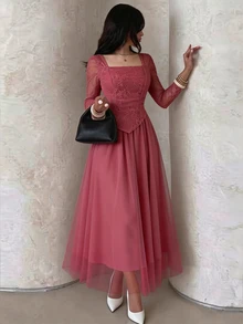 Modelyn Women's French Square Neck Lace Patchwork Sheer Mesh Top & Elegant Elegant Socialite Mesh Maxi Skirt 2-Piece Set - Coral Pink - View 8