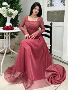Modelyn Women's French Square Neck Lace Patchwork Sheer Mesh Top & Elegant Elegant Socialite Mesh Maxi Skirt 2-Piece Set - Coral Pink - View 6