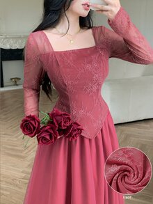 Modelyn Women's French Square Neck Lace Patchwork Sheer Mesh Top & Elegant Elegant Socialite Mesh Maxi Skirt 2-Piece Set - Coral Pink - View 5