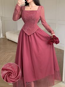 Modelyn Women's French Square Neck Lace Patchwork Sheer Mesh Top & Elegant Elegant Socialite Mesh Maxi Skirt 2-Piece Set - Coral Pink - View 9