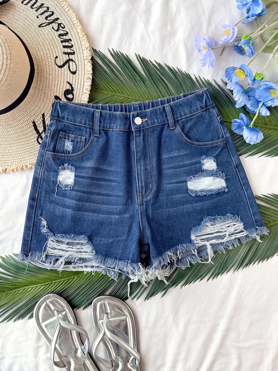 Soleia Plus Size Summer Casual Distressed Denim Shorts