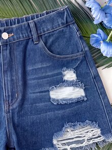 Soleia Plus Size Summer Casual Distressed Denim Shorts - Dark Wash - View 7